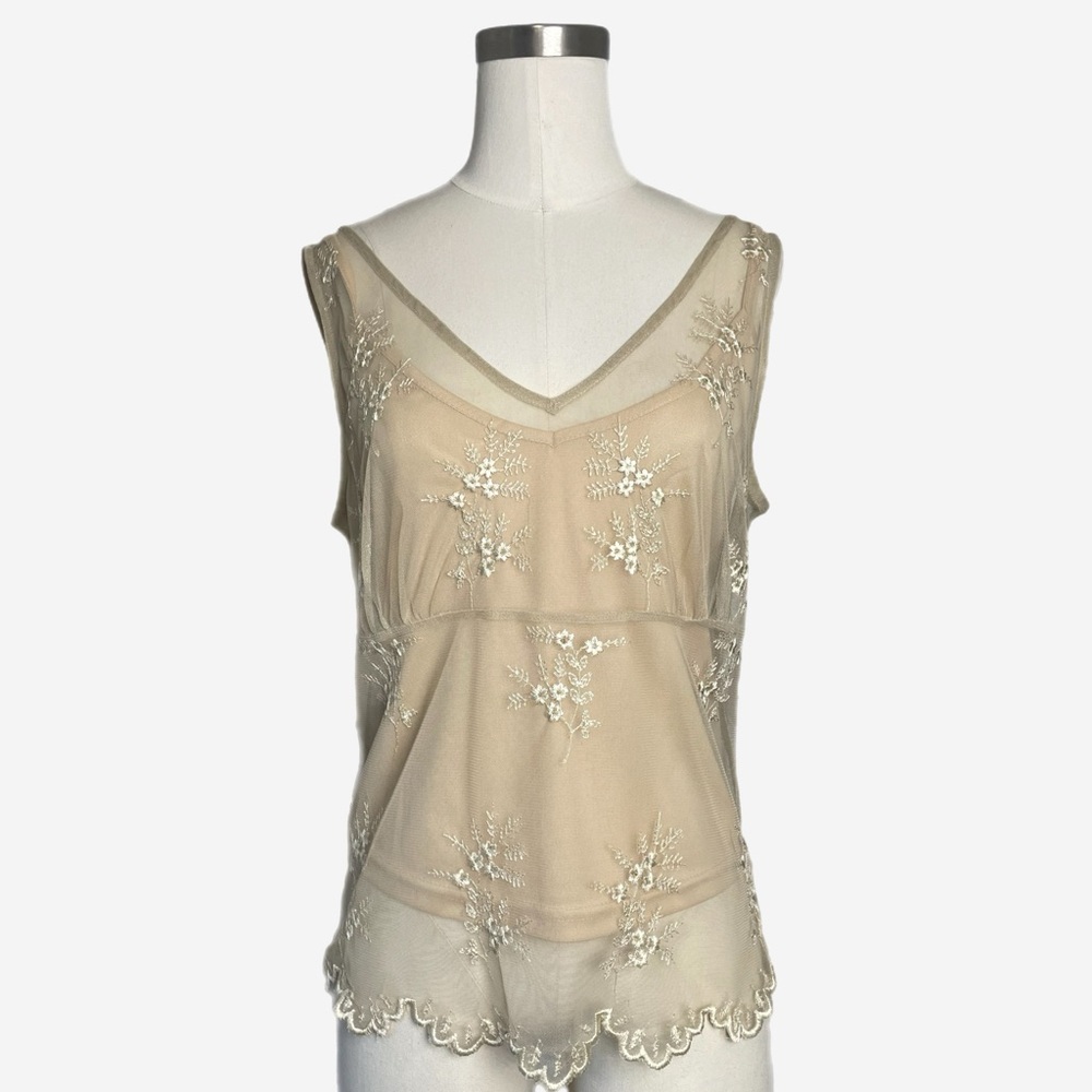Vintage Y2K Newport News Embroidered floral Cami beige fairy babydoll sheer L